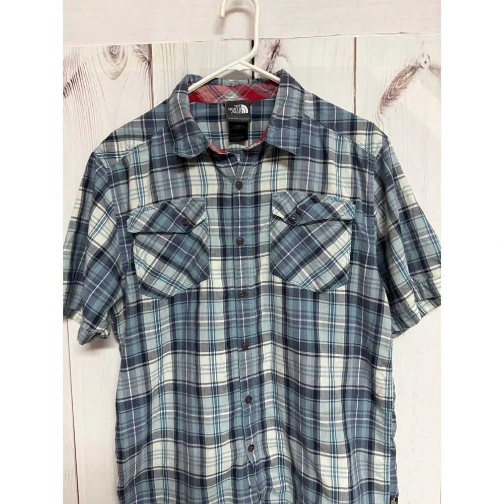The North Face Men's Short Sleeve Button Up Shirt Large Blue Plaid Cotton Modal